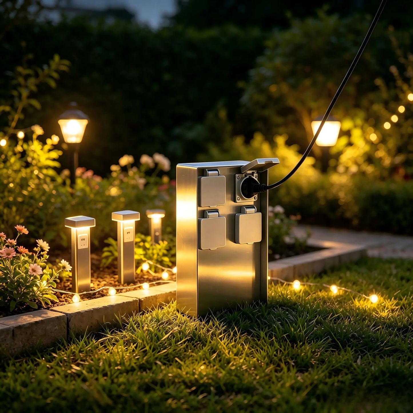 Free-standing stainless steel outdoor socket box placed on grass among decorative garden lights