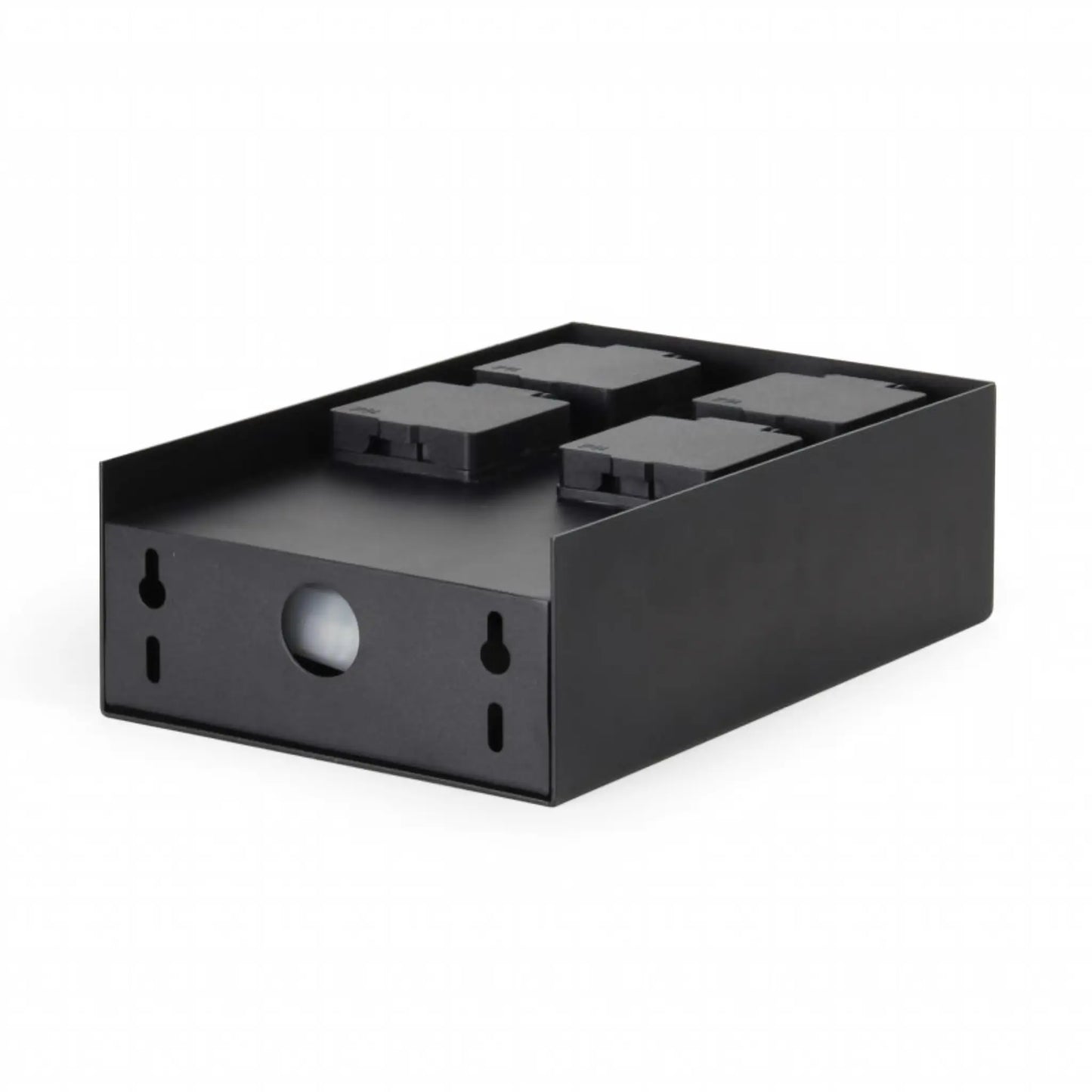 Bottom and back view of the outdoor power socket box showing mounting keyholes and cable entry hole