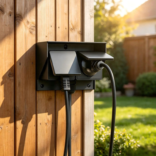 Weatherproof outdoor socket mounted on a wooden fence panel in a backyard garden