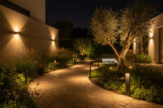 Modern garden at night with LED wall sconces, bollard lights and spike uplights | SUNSATU 2026 Lighting Trends