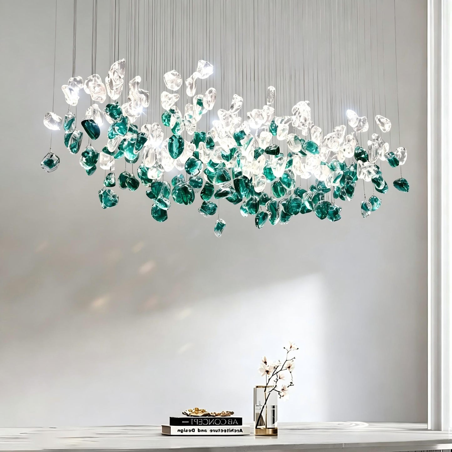 Emerald Green Glass Rectangular Chandelier - Modern Luxury LED Pendant Light for Dining Room