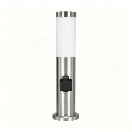 Stainless steel outdoor bollard light with single power outlet, white acrylic diffuser - SUNSATU