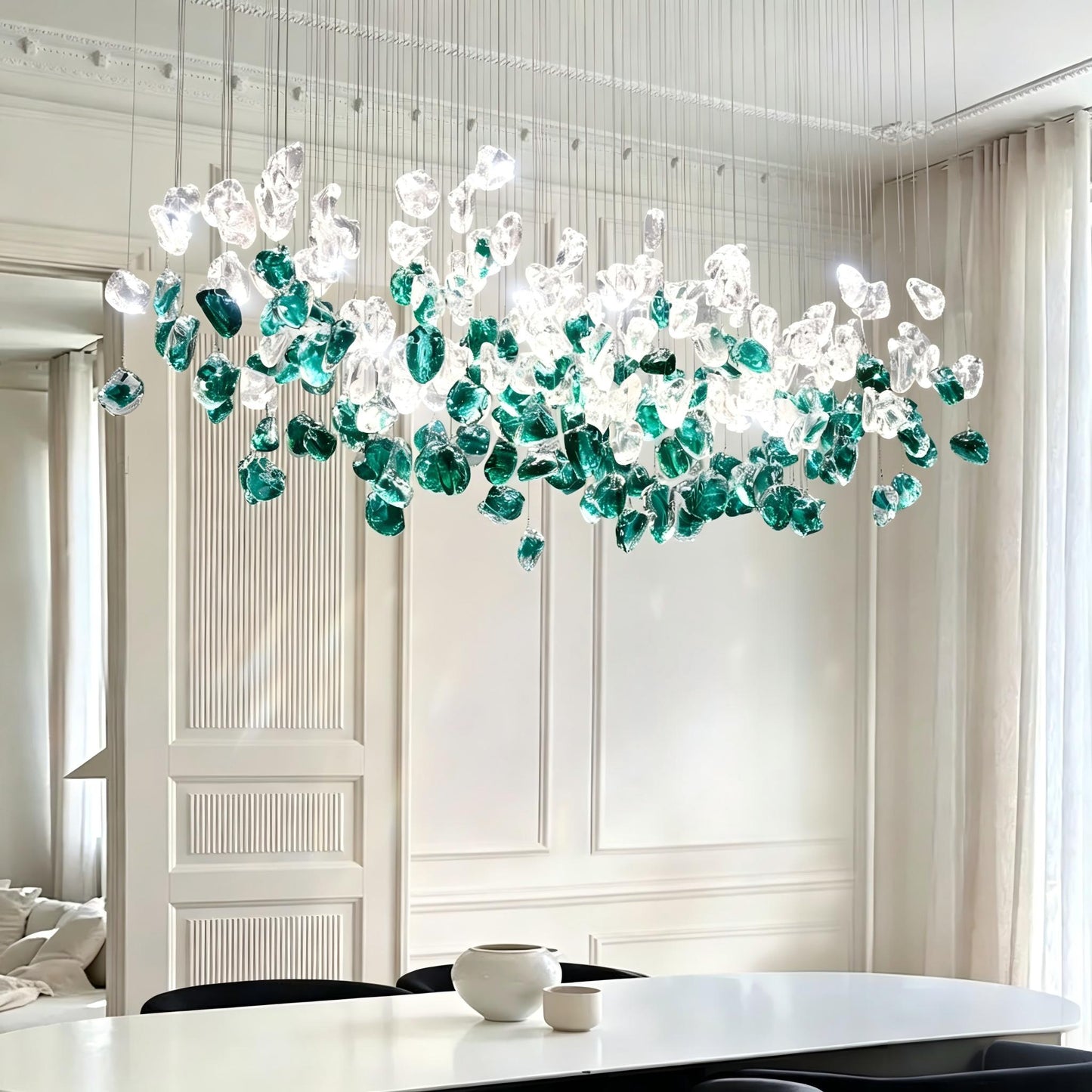 Emerald Green Glass Rectangular Chandelier - Modern Luxury LED Pendant Light for Dining Room