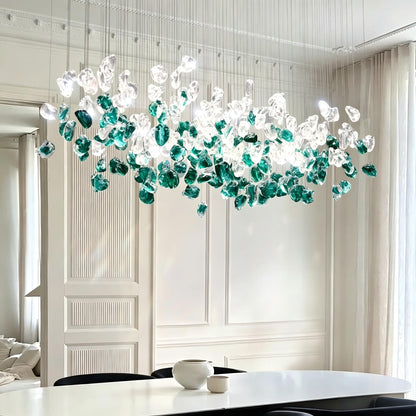 Emerald Green Glass Rectangular Chandelier - Modern Luxury LED Pendant Light for Dining Room