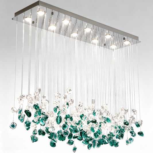 Emerald Green Glass Rectangular Chandelier - Modern Luxury LED Pendant Light for Dining Room