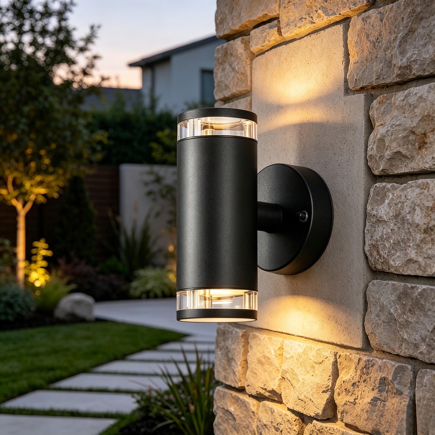 Modern anthracite outdoor wall light installed beside a front door for exterior lighting