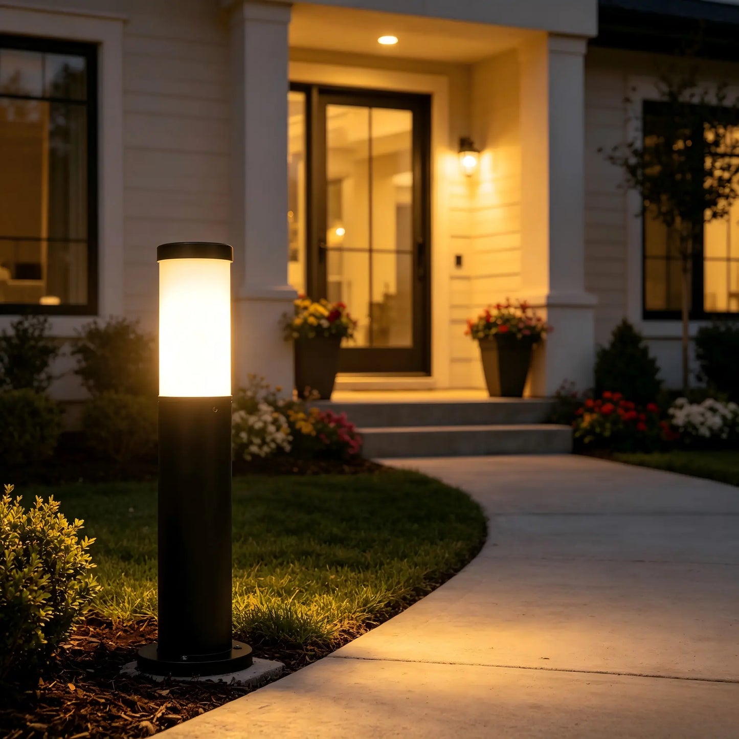 Matte Black Stainless Steel Outdoor Bollard Light Warm White Glow for Villa Front Walkway Entrance Landscape Lighting