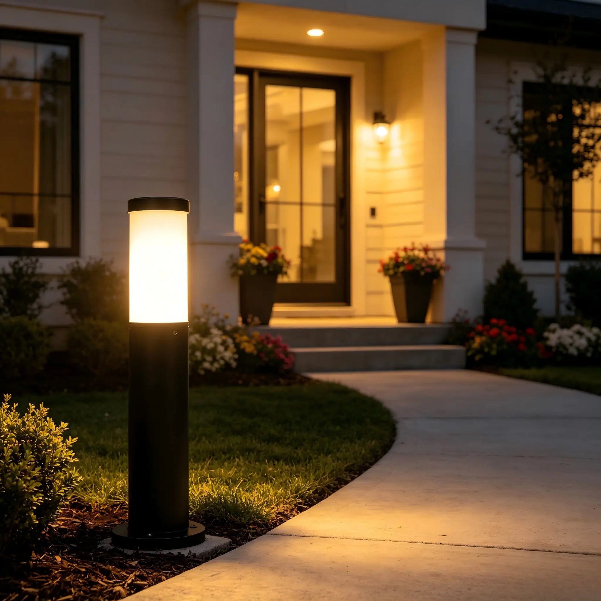Matte Black Stainless Steel Outdoor Bollard Light Warm White Glow for Villa Front Walkway Entrance Landscape Lighting