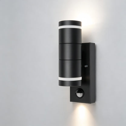 Black Cylinder Up Down Outdoor Wall Light with PIR Motion Sensor, Modern Aluminum Waterproof Exterior Sconce for Villa, Hotel, Garden
