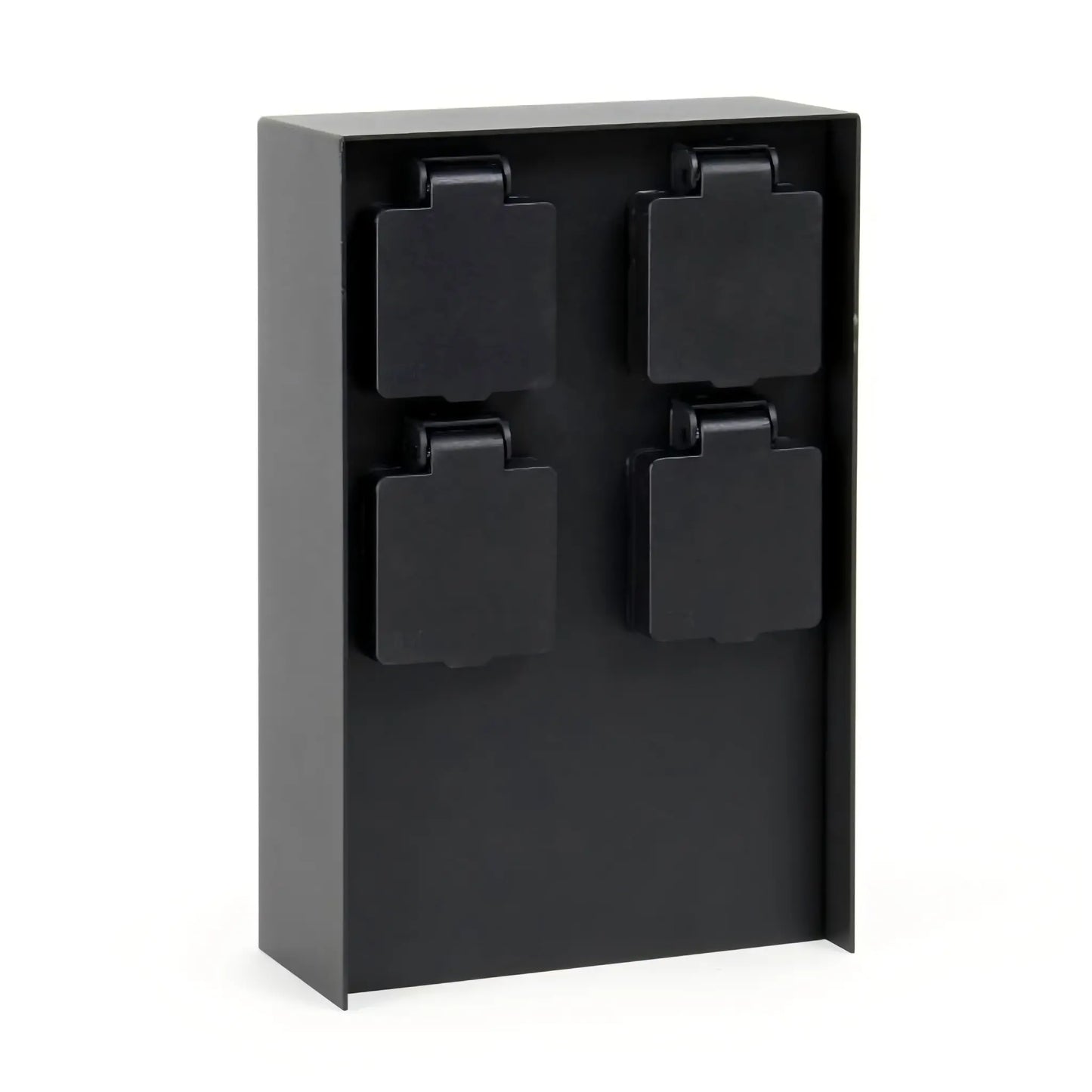 Front view of the black 4-way outdoor power socket box on a plain white background