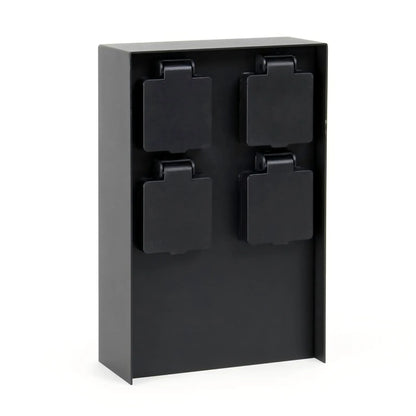 Front view of the black 4-way outdoor power socket box on a plain white background
