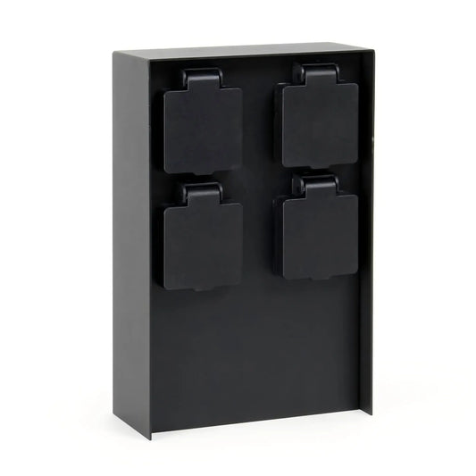 Front view of the black 4-way outdoor power socket box on a plain white background