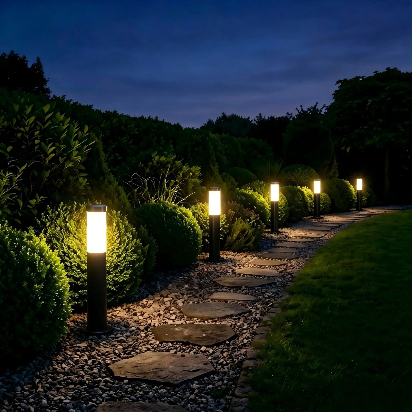 Row of Matte Black LED Bollard Lights Lining Curved Stone Garden Path Night Landscape Decoration Lighting