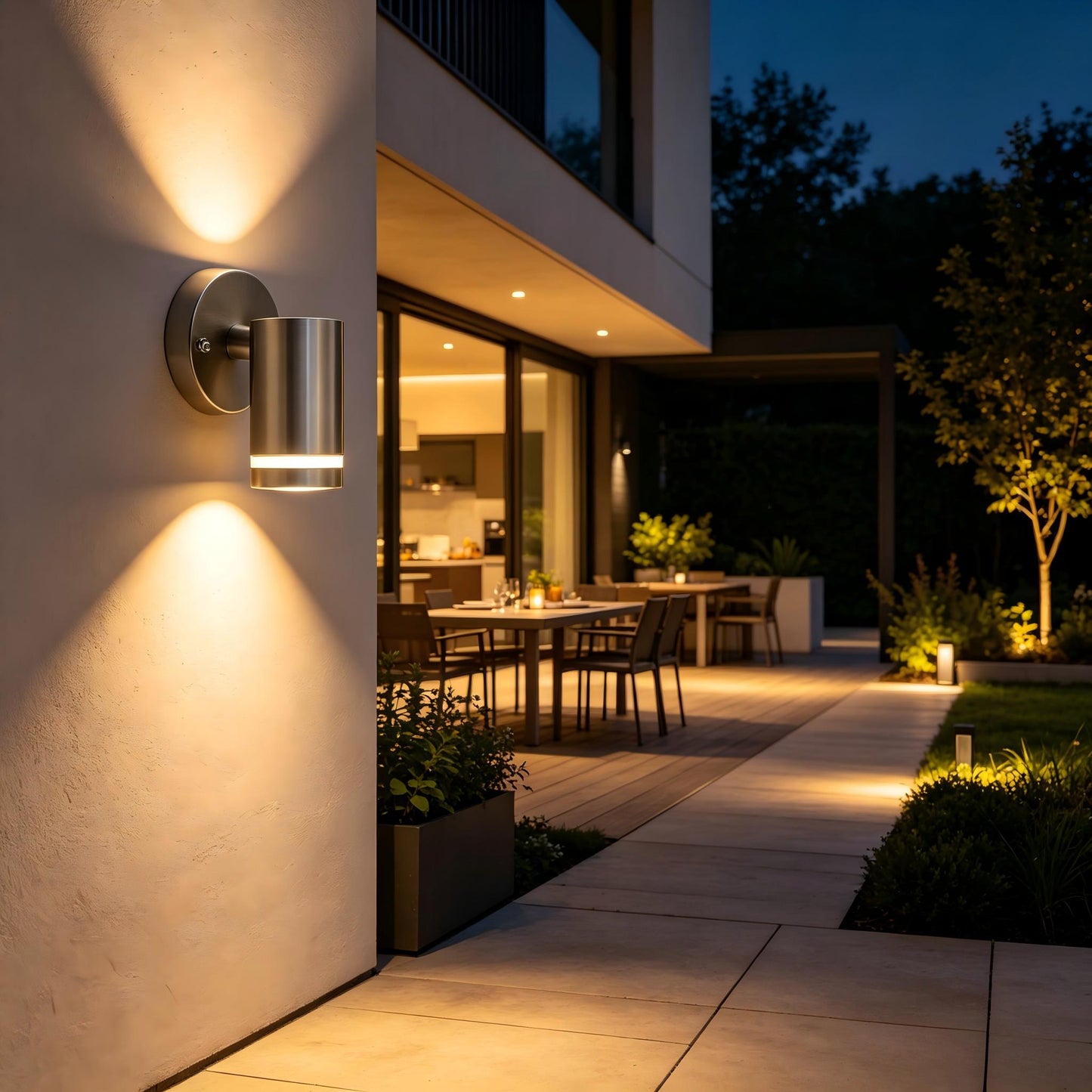 Brushed Nickel Outdoor Sconce Entrance Facade Wide Shot Illuminated