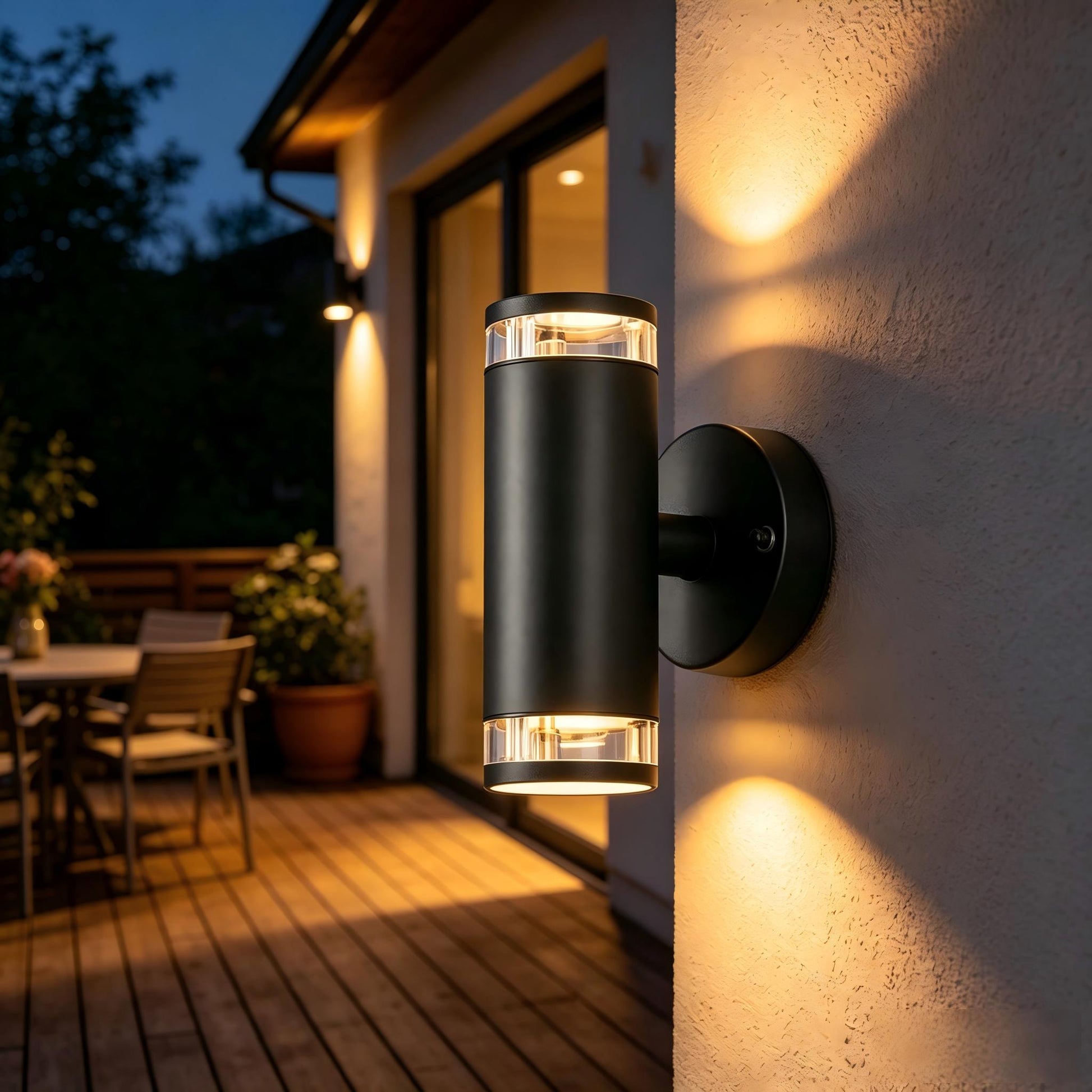 Cylindrical GU10 garden wall light illuminating an outdoor garden wall area