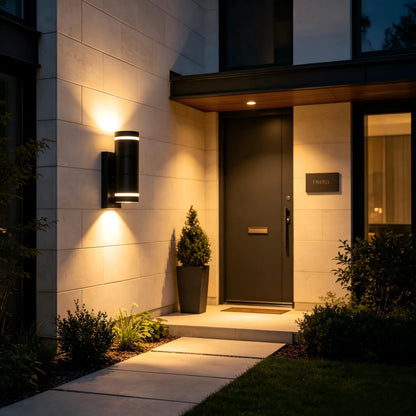 Hotel Entrance Facade Full View with Black Cylinder Outdoor Wall Lights, Commercial Exterior Lighting Project