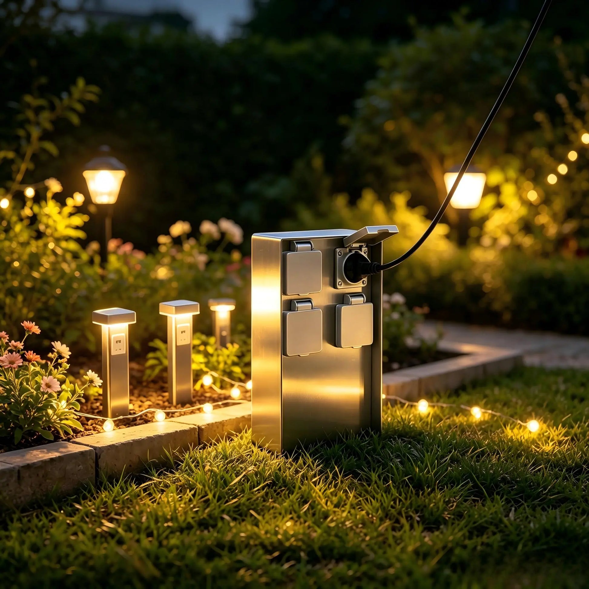 Free-standing stainless steel outdoor socket box placed on grass among decorative garden lights