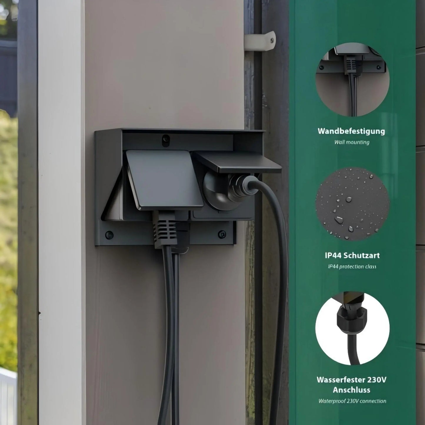 Key features of outdoor socket: easy wall mounting, IP44 splash protection, waterproof 230V connection