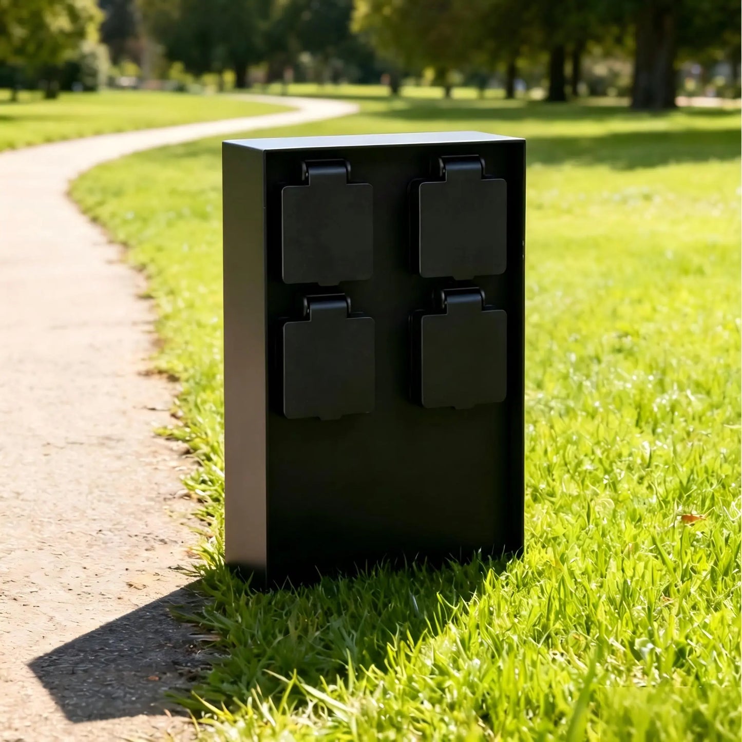 IP44 waterproof black outdoor garden socket post placed along a park lawn and walking path
