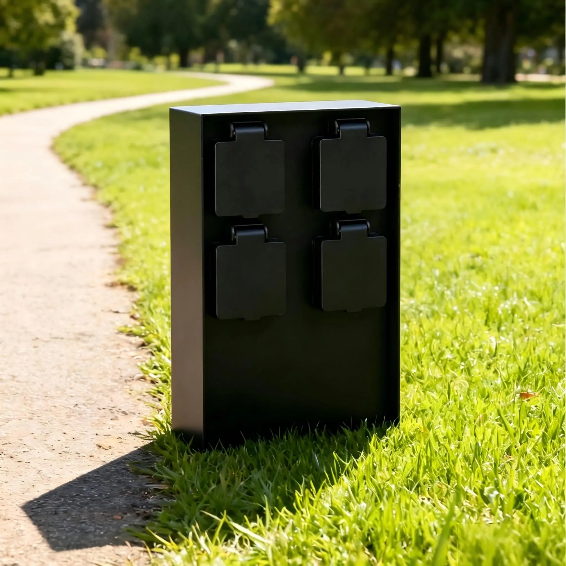 IP44 waterproof black outdoor garden socket post placed along a park lawn and walking path