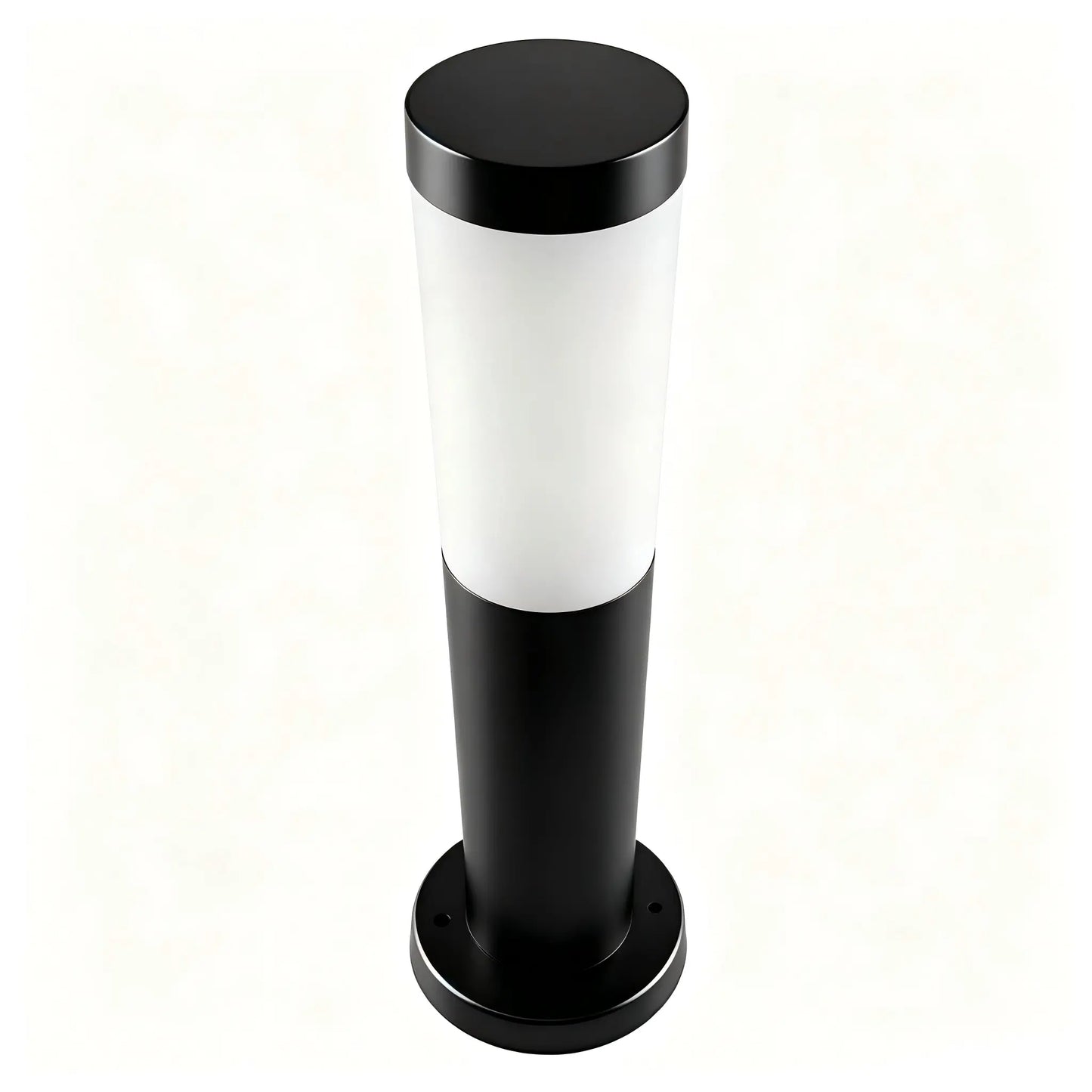 Modern Cylindrical Matte Black Stainless Steel Garden Post Light Top View White Background Product Shot