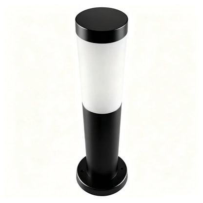 Modern Cylindrical Matte Black Stainless Steel Garden Post Light Top View White Background Product Shot