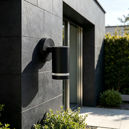 Illuminated black outdoor cylinder light at front gate entrance wide night view