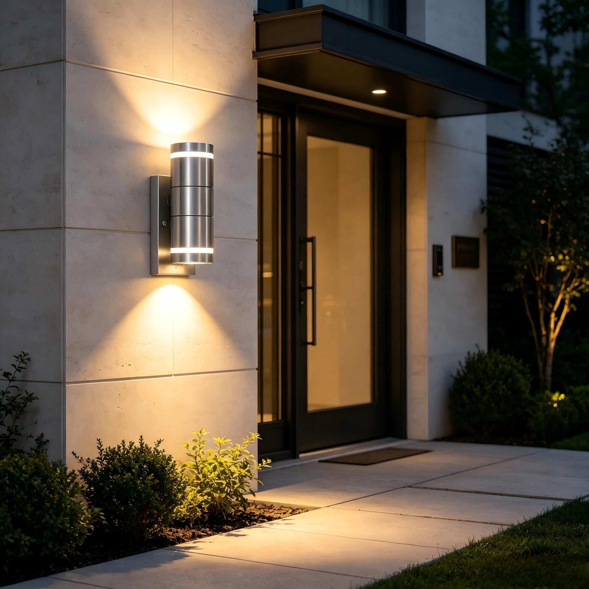 Up and down double side lighting effect of small stainless steel outdoor wall sconce, soft ambient light
