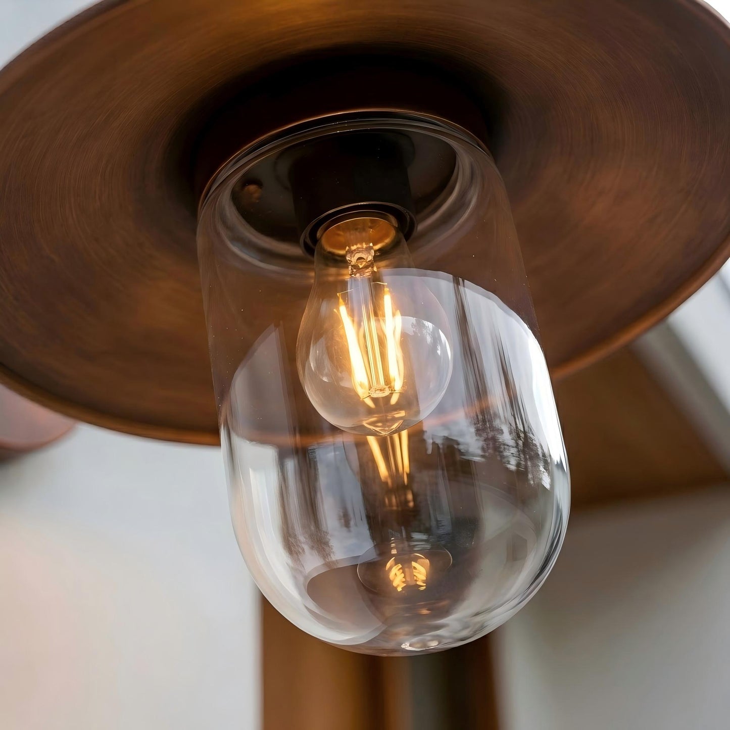 Contemporary exterior wall sconce lighting a modern residential facade with elegant bronze finish and clear glass shade.