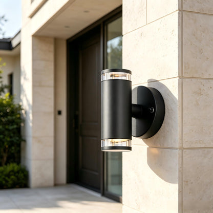 Modern aluminum outdoor wall sconce used for patio and terrace lighting