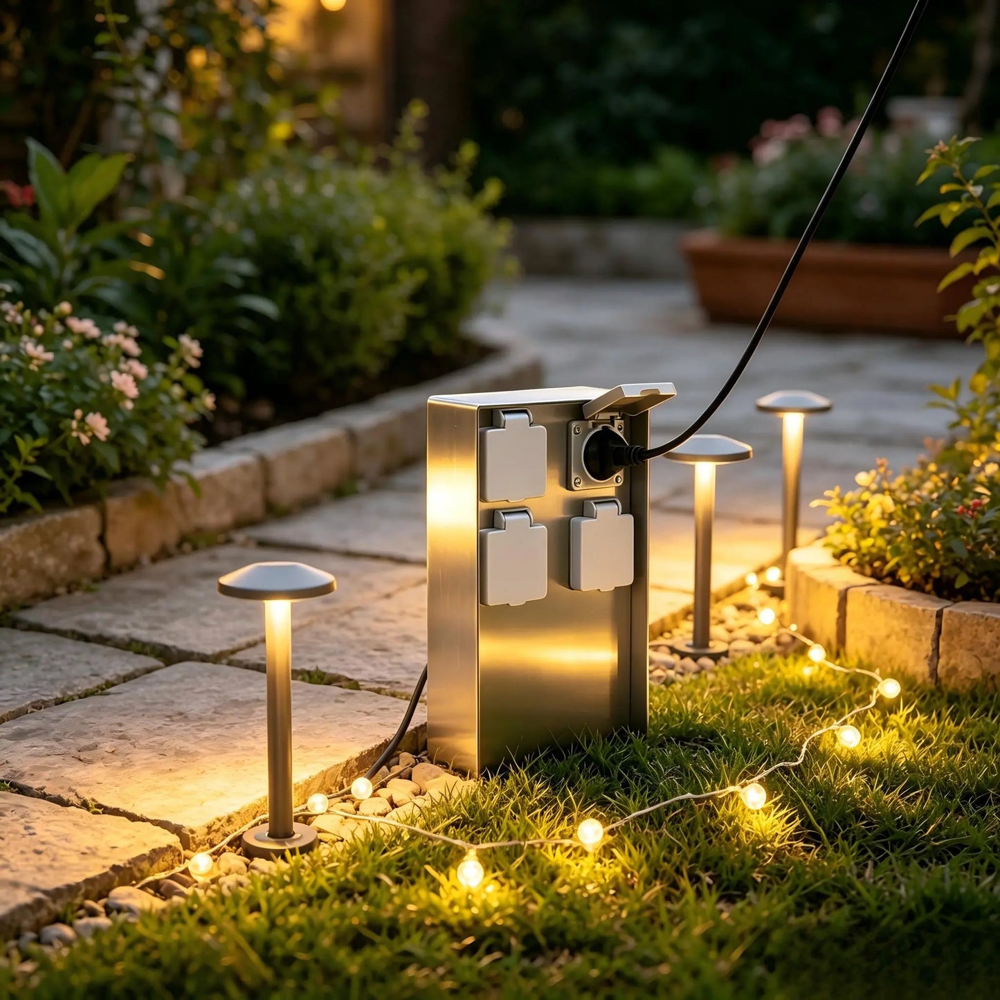 Stainless steel 4-outlet outdoor power box along a illuminated stone pathway at night.