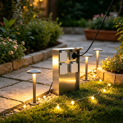 Stainless steel 4-outlet outdoor power box along a illuminated stone pathway at night.