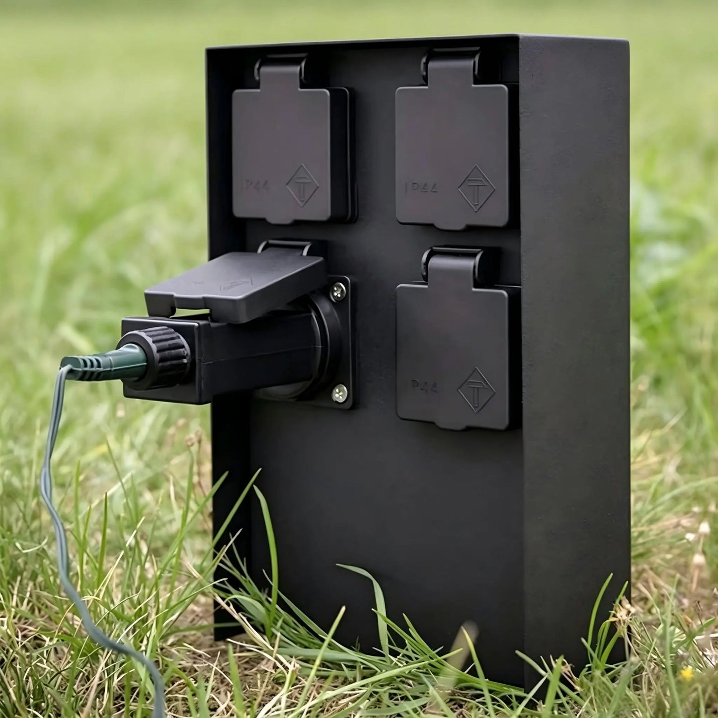 Black outdoor 4-way power socket box in use with a cable plugged into one of the IP44 protected outlets