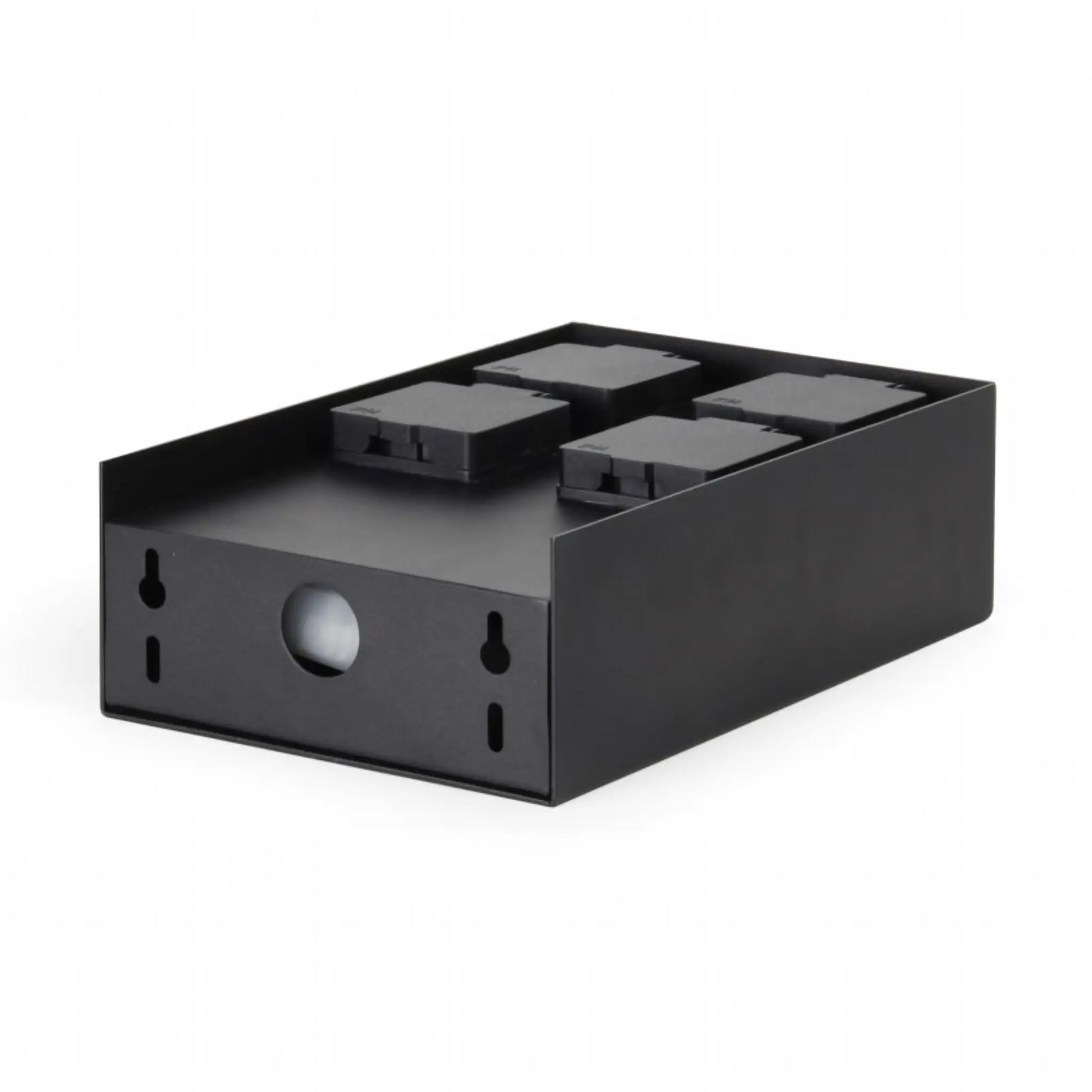 Bottom and back view of the outdoor power socket box showing mounting keyholes and cable entry hole