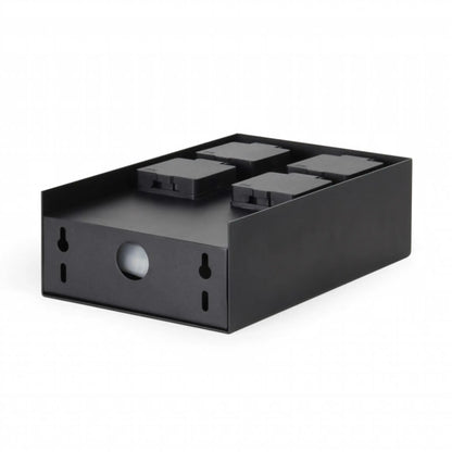 Bottom and back view of the outdoor power socket box showing mounting keyholes and cable entry hole