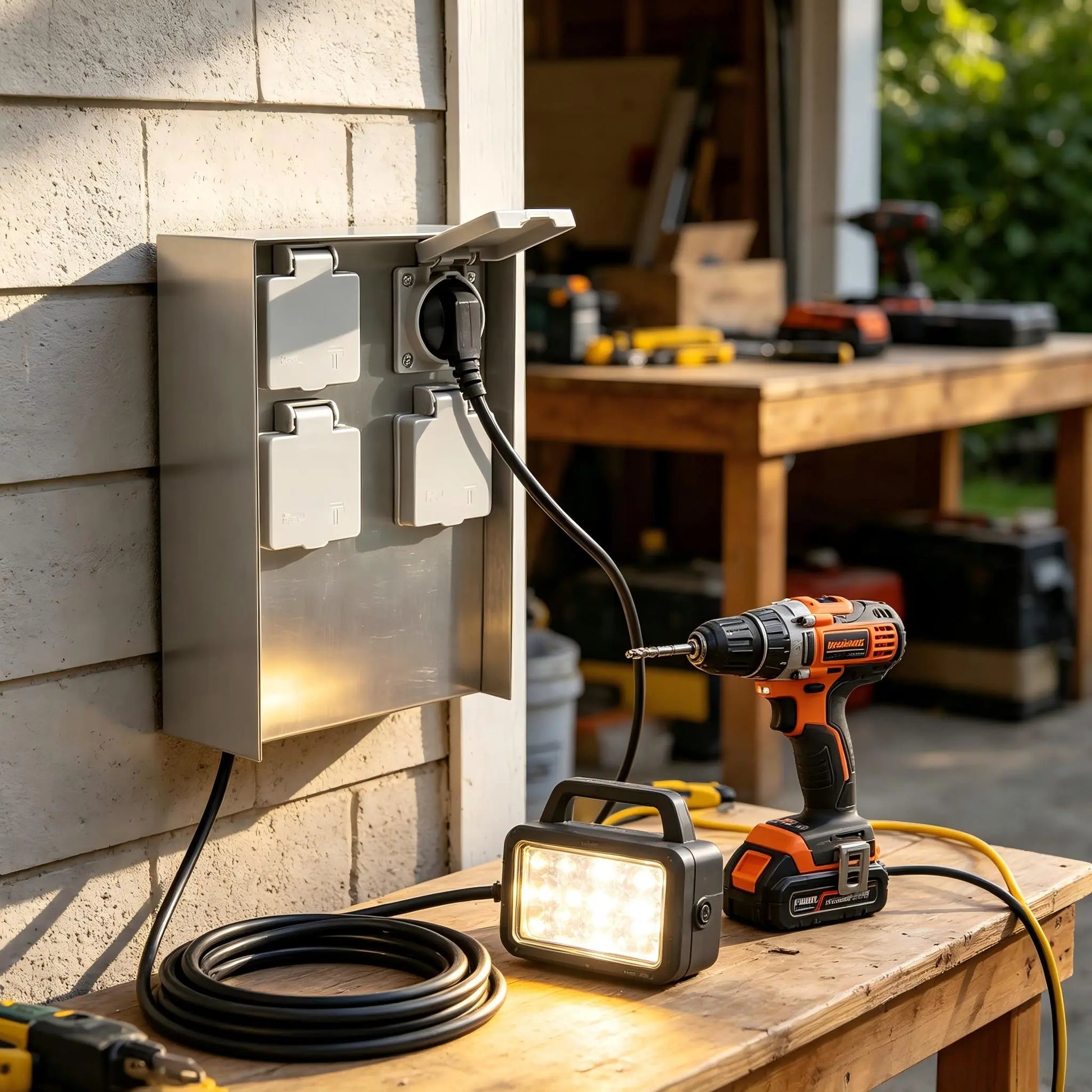 Stainless steel outdoor power socket box powering power tools and work lights on a wooden workbench
