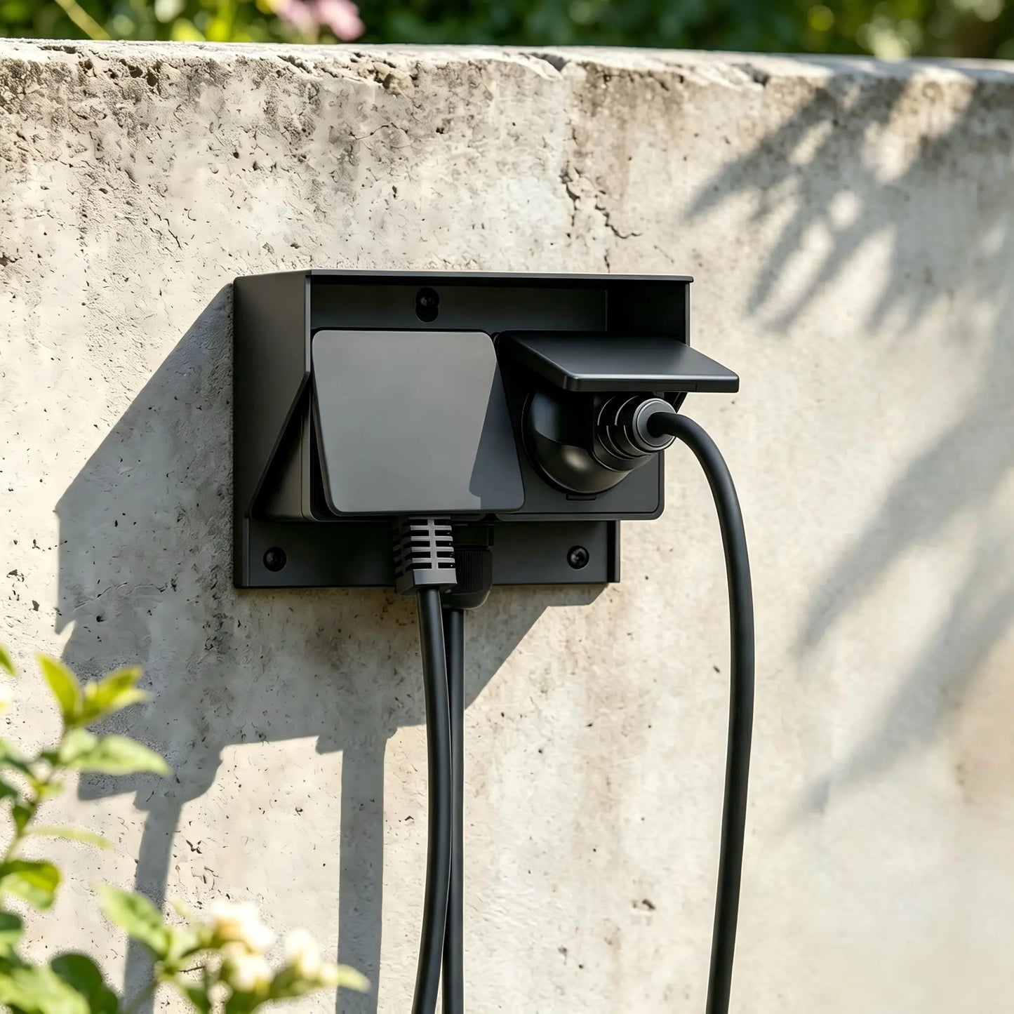 Heavy-duty outdoor socket installed on a concrete wall for outdoor power distribution