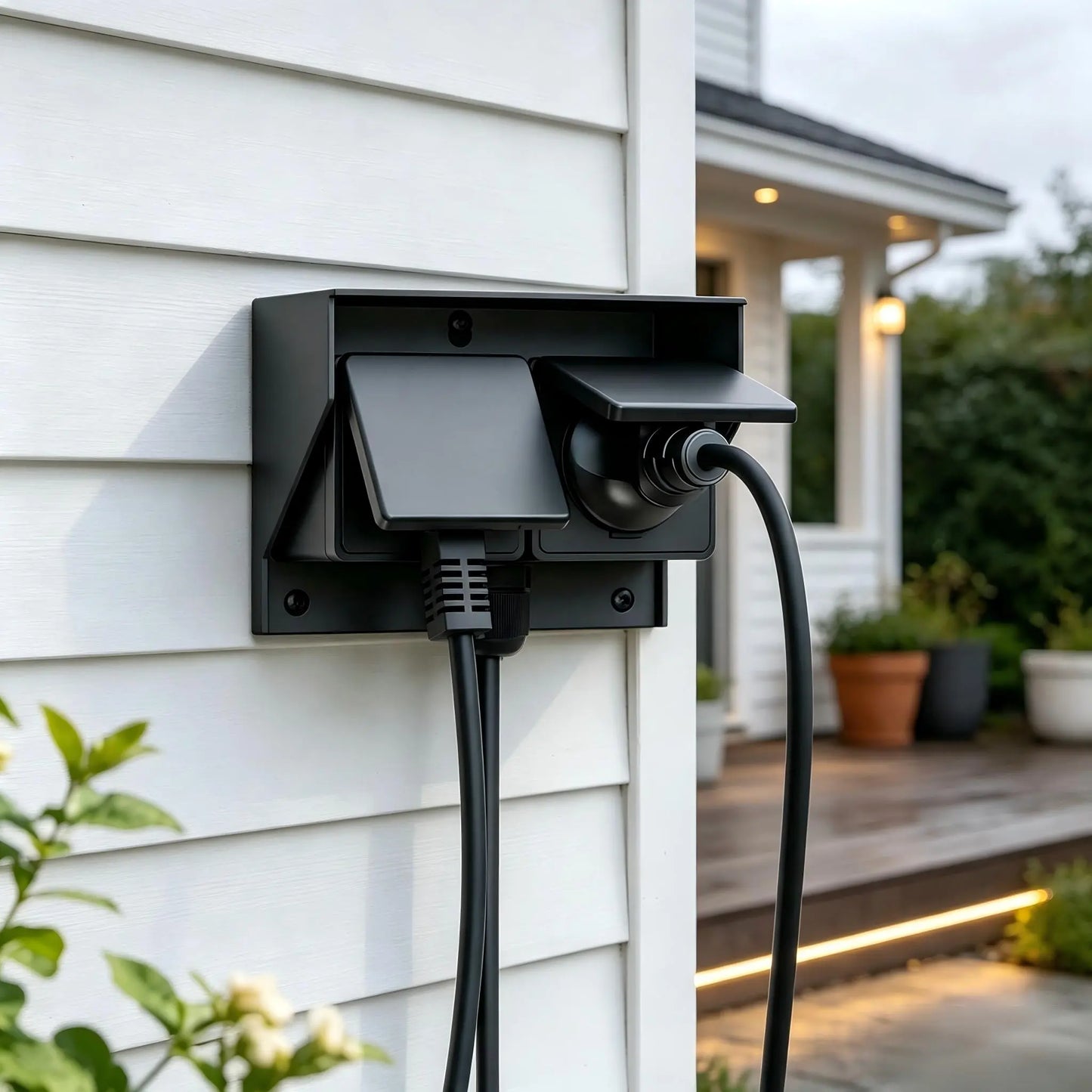 Outdoor double socket mounted on modern white house siding with power cables connected.