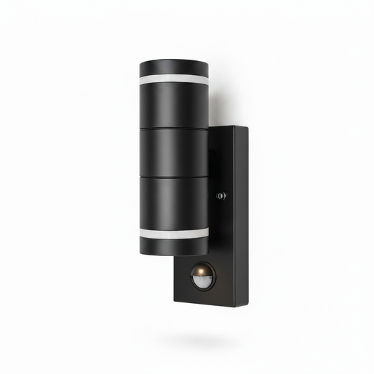 Outdoor Up Down Wall Light with PIR Motion Sensor GU10 IP44 Matte Black White Background
