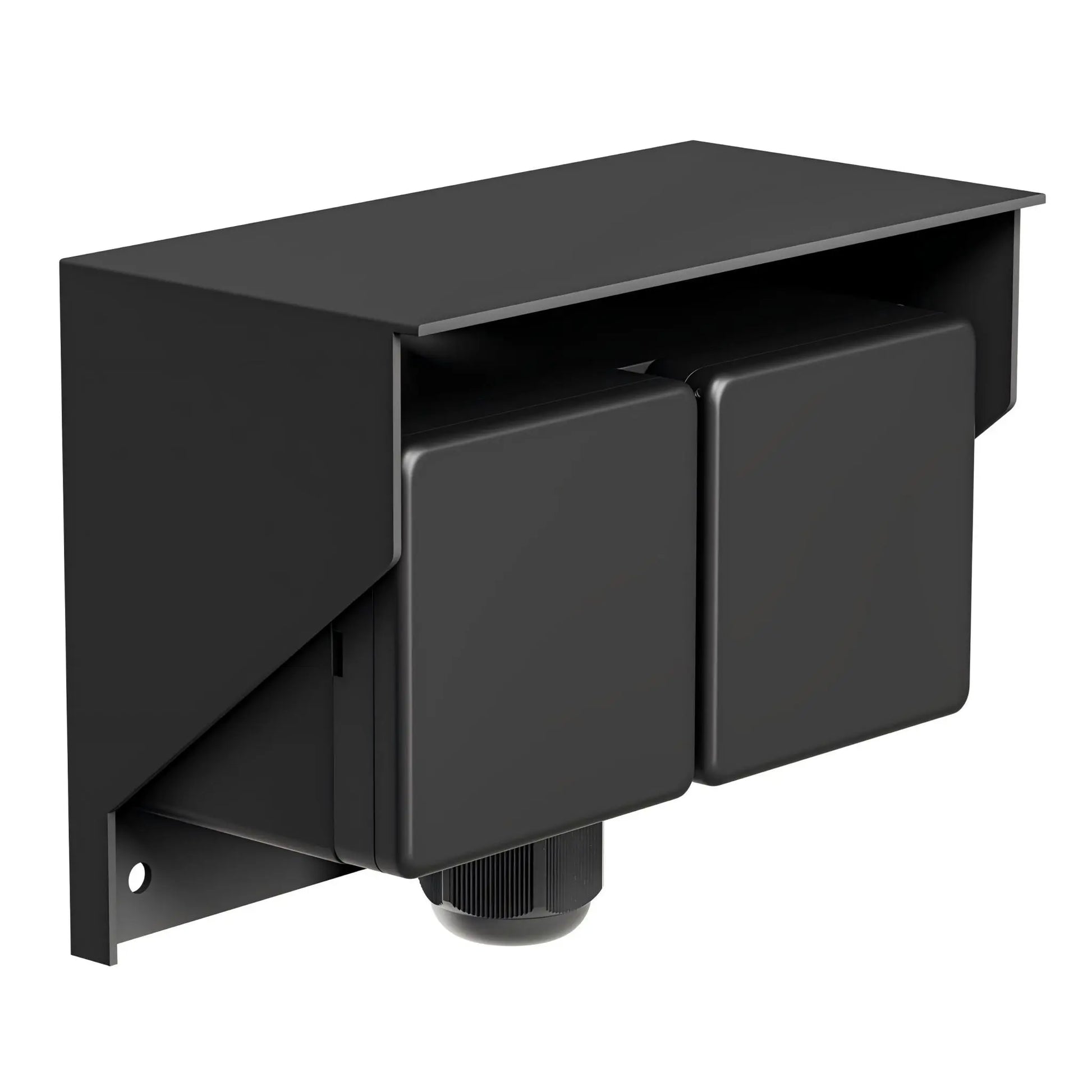Black outdoor wall-mounted power socket box with closed weatherproof protective covers