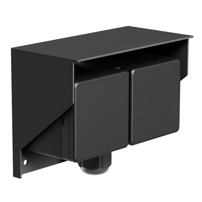 Black outdoor wall-mounted power socket box with closed weatherproof protective covers