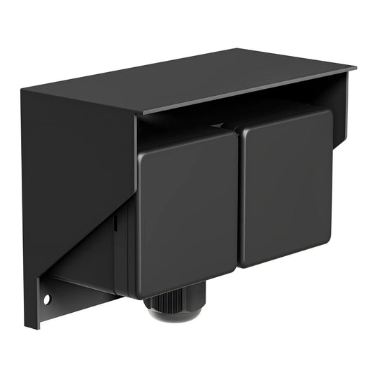 Black outdoor wall-mounted power socket box with closed weatherproof protective covers