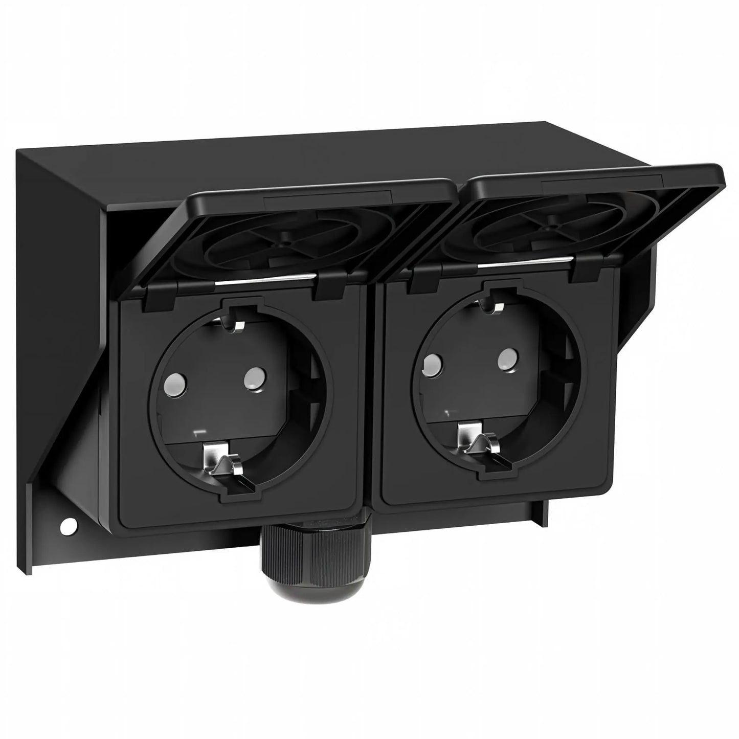 Outdoor waterproof double socket with protective covers open, 230V outlets for garden and patio
