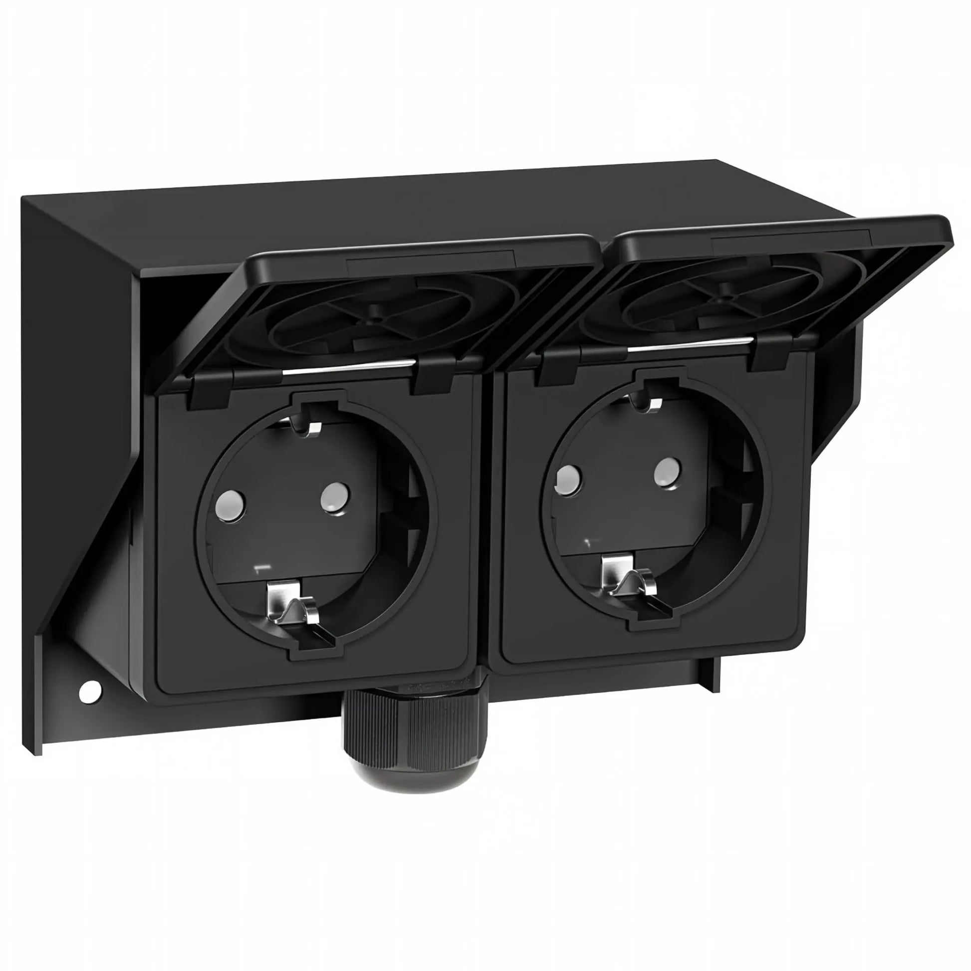Outdoor waterproof double socket with protective covers open, 230V outlets for garden and patio
