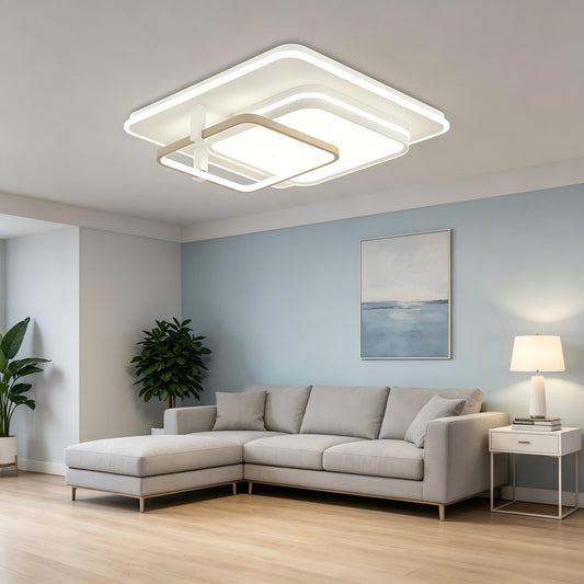 SUNSATU LED square flush mount ceiling light in cool white, installed in modern living room