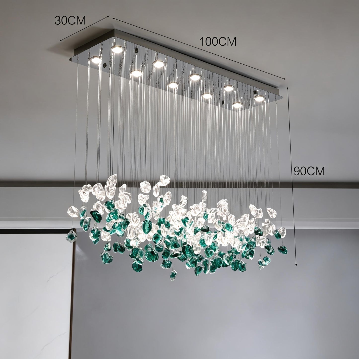 Emerald Green Glass Rectangular Chandelier - Modern Luxury LED Pendant Light for Dining Room