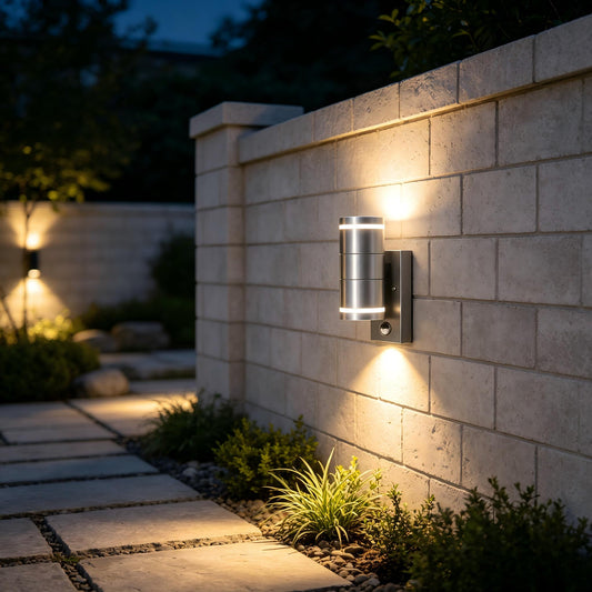 Luxury manor exterior wide shot with mini brushed stainless steel motion sensor wall lamps