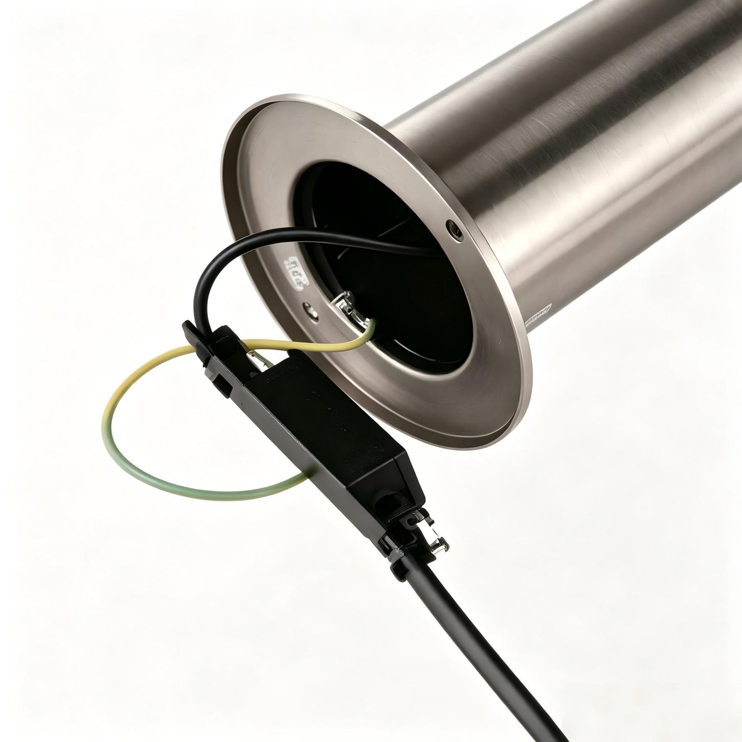 Angled view of stainless steel outdoor path light with frosted diffuser.