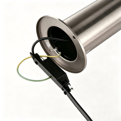 Angled view of stainless steel outdoor path light with frosted diffuser.