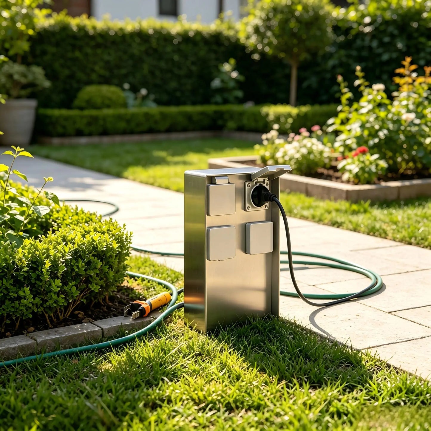 Outdoor stainless steel socket box on a sunny green lawn with garden hose and watering tools